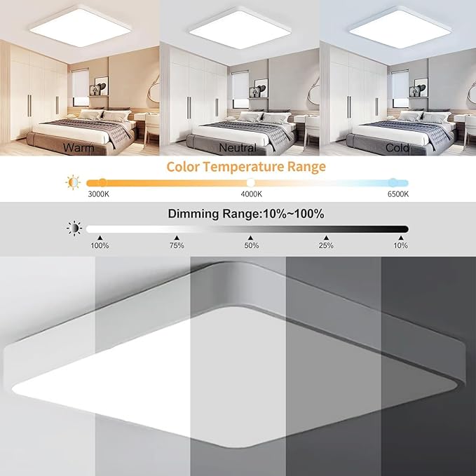 Dimmable LED Flush Mount Ceiling Light Fixture with 3000K-6000K Light Color Adjustable,36W 16Inch Close to Ceiling Lamp Modern Squre Lights for Bedroom Kitchen, White Recessed Indoor Lighting