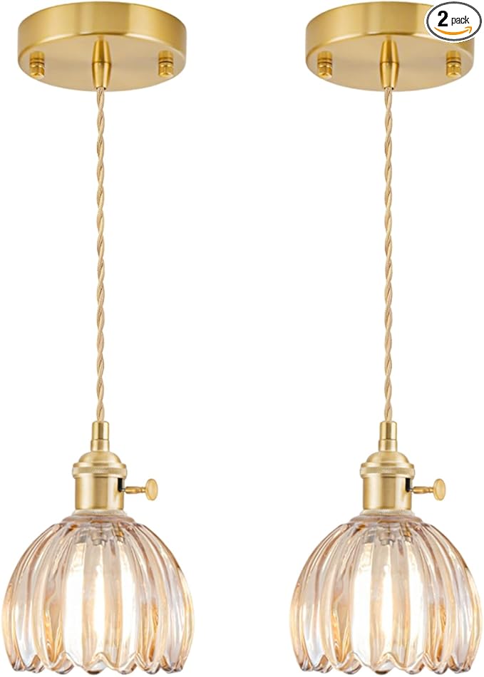 Mini Pendant Lights Kitchen Island 2 Pack, Small Adjustable Pendant Light Fixture with Amber Tulip Glass Lampshade, Vintage Gold Pendant Lighting, Pendant Light for Bedroom Dining Room Hallway