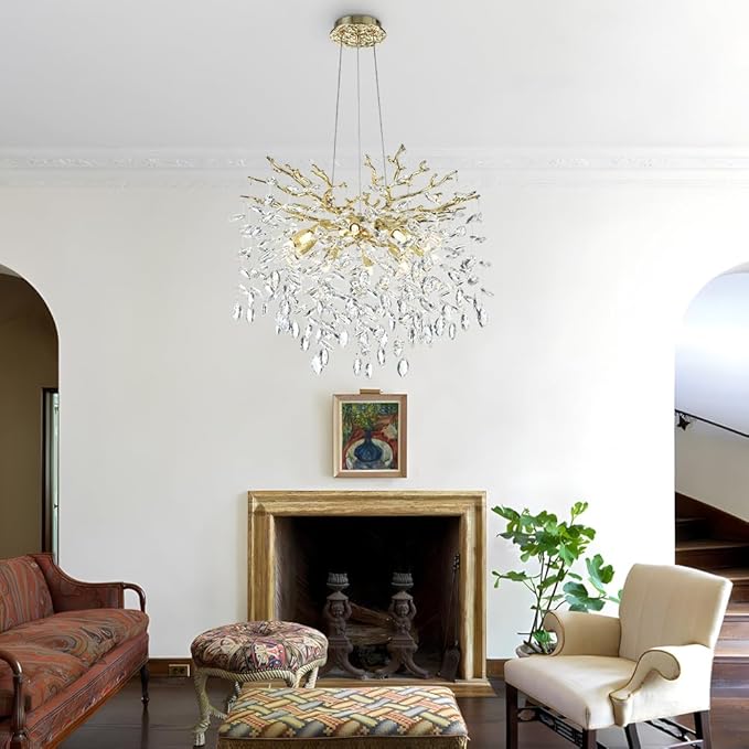 Modern Crystal Tree Branches Chandelier, 23.5in Gold 8 Lights Large Ceiling Hanging Light for Dining Room, Round Raindrop Pendant Light Fixture
