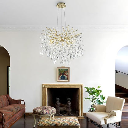 Modern Crystal Tree Branches Chandelier, 23.5in Gold 8 Lights Large Ceiling Hanging Light for Dining Room, Round Raindrop Pendant Light Fixture