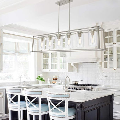 Modern Chandeliers 6 Light Brushed Nickel Dining Room Lighting Fixtures Hanging Rectangular Kitchen Island Pendant Lights Industrial Flush Mount Ceiling Light with Glass Shade
