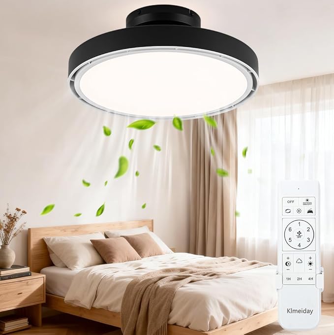 Bladeless Ceiling Fans with Lights and Remote, Flush Mount Modern Ceiling Fan with Light, 6 Speeds, Stepless dimming & 3000-6000K CCT LED Lights for Bedroom, Living Room (Black)