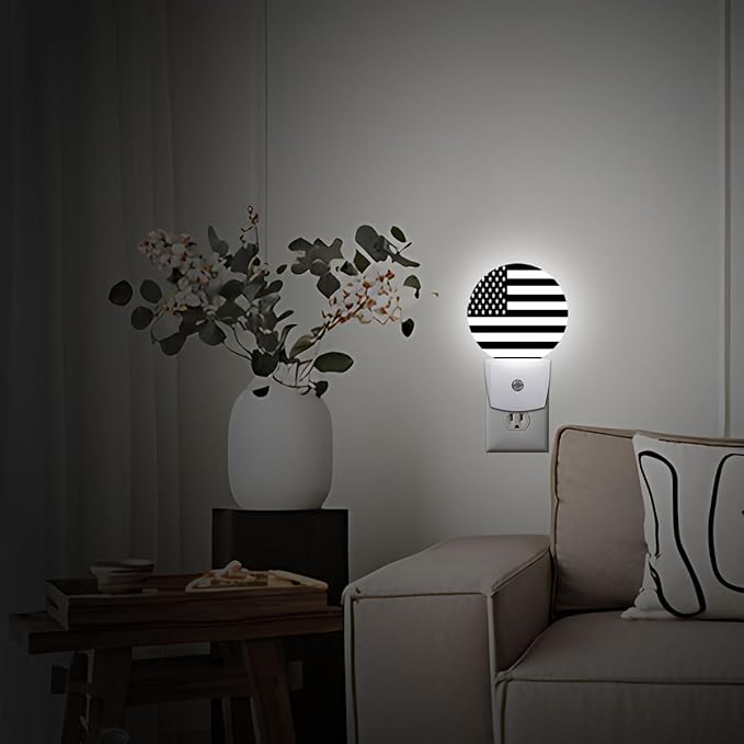 American Flag Black White Night Light Plug Into Wall Auto Led Sleep Round Lamp for Living Room Hallway Stairs