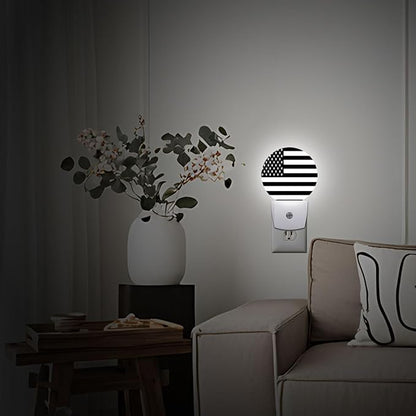 American Flag Black White Night Light Plug Into Wall Auto Led Sleep Round Lamp for Living Room Hallway Stairs