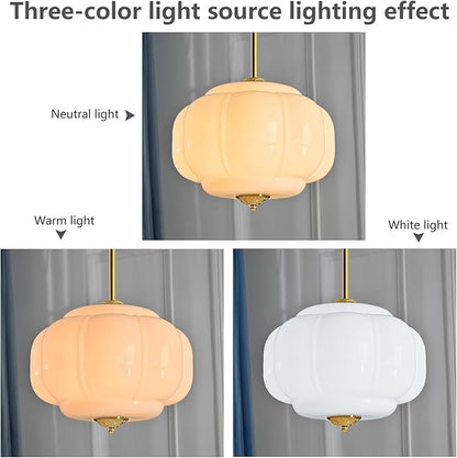 Milk Glass Pendant Light, 15 Inch White Handblown Shade with Antique Brass Hardware, Adjustable Hanging Rod Vintage Chandelier, Dimmable E26 Base Fixture for Kitchen Island, Dining Room, Livingroom
