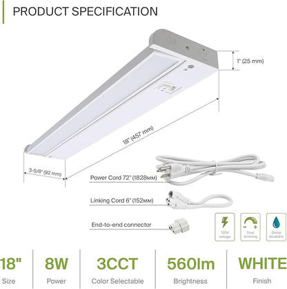ASD Swivel LED Under Cabinet Lighting Plug in or Hardwired 18 Inch, Dimmable Under Cabinet Lights with High/Low/Off Switch, 3CCT 2700K-4000K, Linkable Under Counter Lights for Kitchen, White, ETL