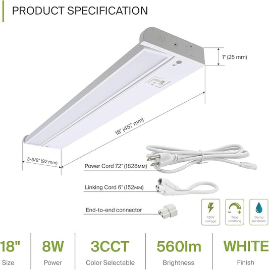 ASD Swivel LED Under Cabinet Lighting Plug in or Hardwired 18 Inch, Dimmable Under Cabinet Lights with High/Low/Off Switch, 3CCT 2700K-4000K, Linkable Under Counter Lights for Kitchen, White, ETL