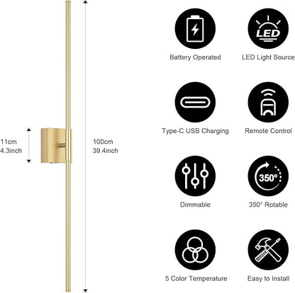 Battery Operated Wall Sconce, 5CCT Dimmable Gold Wall Lights with Remote Control, Timable LED Wireless Wall Sconces, 350° Ratate for Bathroom, Living Room, Hallway 39.4 Inch 1 Pack
