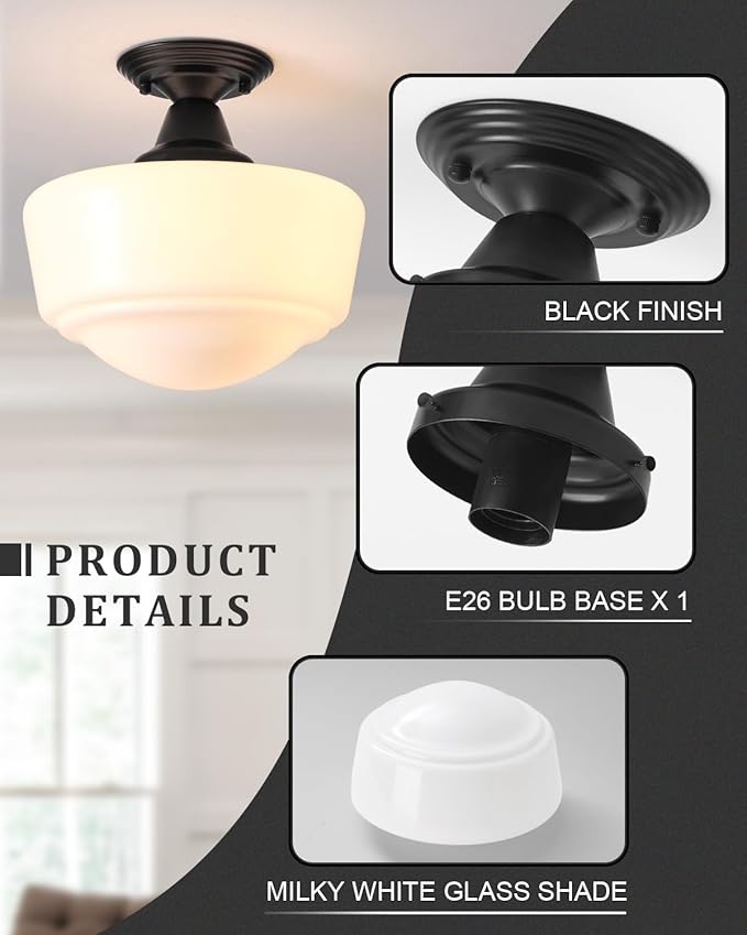 Schoolhouse Light Fixture, 12 Inch Black Finish with Milk Glass Semi Flush Mount Ceiling Light, Ceiling Light Fixture for Kitchen Hallway Entryway
