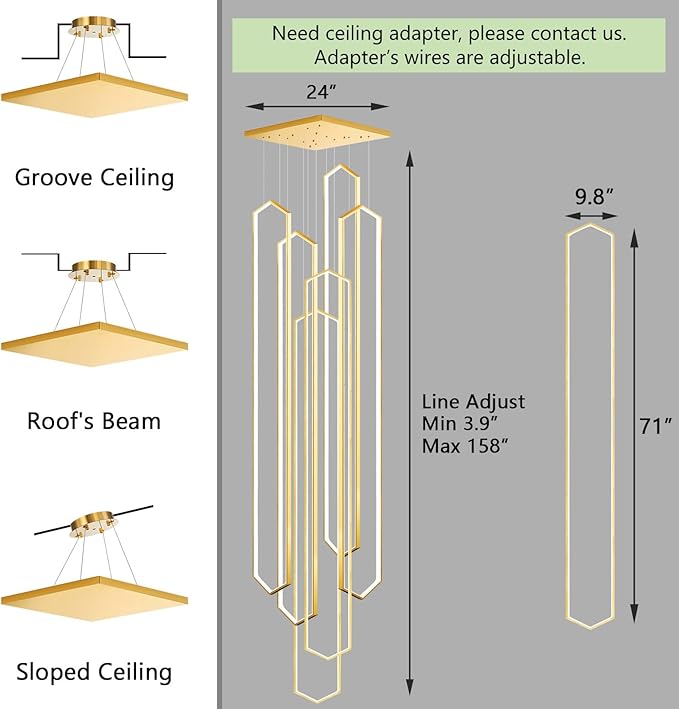 6 Rings Large Chandelier for Staircase Modern High Ceiling Chandelier LED Dimmable Chandeliers for Foyer Staircase Foyer Enterway Living Room Villa Gold