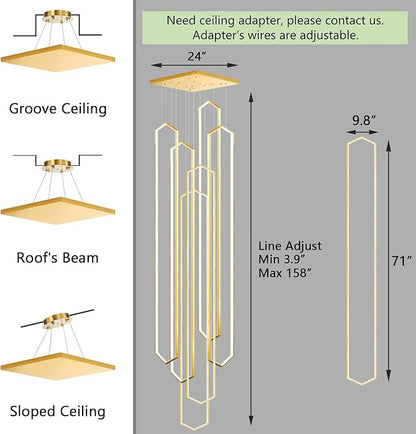 6 Rings Large Chandelier for Staircase Modern High Ceiling Chandelier LED Dimmable Chandeliers for Foyer Staircase Foyer Enterway Living Room Villa Gold