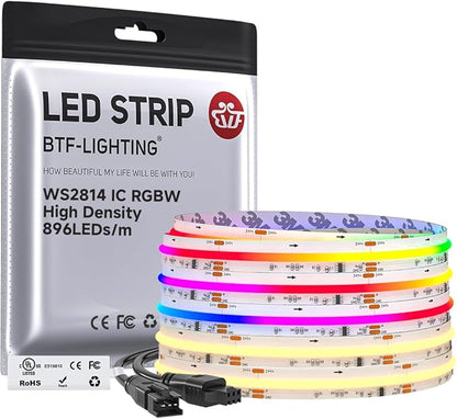 BTF-LIGHTING FCOB COB LED Strip WS2814 Smart IC RGBW 3000K, UL Listed 896LEDs/m High Density Color Chasing Uniform Light, DC24V 16.4FT 12mm Width for Home Party DIY Decor(No Adapter or Controller)