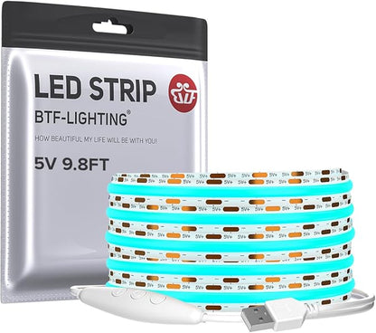 BTF-LIGHTING FCOB COB FOB LED Strip Lights 5V USB Powered 9.8FT 960LEDs Ice Blue 8mm Width Dimmable CRI 90+ with 3M Tape Flexible High Density for 3D Printer TV Backlight PC DIY Decor