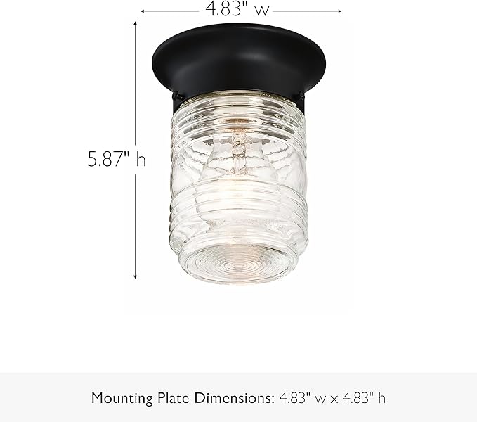Design House Jelly Jar Indoor Outdoor Flush Mount Ceiling Light, Matte Black, 5.9 in H x 4.8 in Dia, Damp Rated, Dimmable, Uses 1 E26 Bulb, Ribbed Clear Glass, Weather-Resistant Steel, 587220