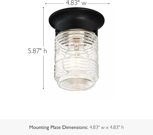 Design House Jelly Jar Indoor Outdoor Flush Mount Ceiling Light, Matte Black, 5.9 in H x 4.8 in Dia, Damp Rated, Dimmable, Uses 1 E26 Bulb, Ribbed Clear Glass, Weather-Resistant Steel, 587220