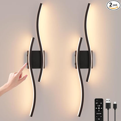 Modern LED Wall Sconce set of Two, Battery Powered Wall Sconces set of 2 with Timer, Black Wall Light with Remote, LED Wall Lamp indoor not hardwired for Bathroom Living Room Bedroom Corridor