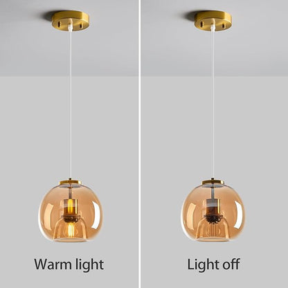 Amber Glass Pendant Lights Kitchen Island Gold Hanging Light Fixture Glass Globe Pendant Light Modern Pendant Lighting for Dining Room Bedroom Kitchen Island (7.87", 2 Pack)