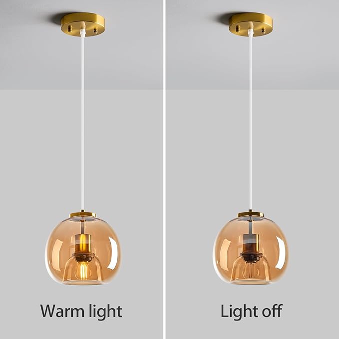 Amber Glass Pendant Lights Kitchen Island Gold Hanging Light Fixture Glass Globe Pendant Light Modern Pendant Lighting for Kitchen Island Bedroom Dining Room (7.87", 3 Pack)