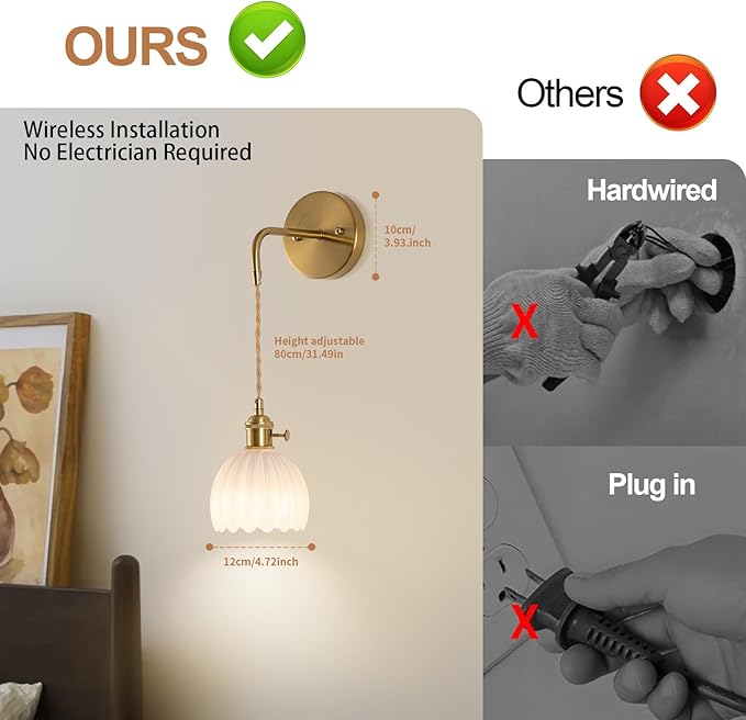 Vintage Battery Operated Wall Sconces Sets Of Two, Indoor not Hardwired Milky White Tulip Glass Lampshade Fixtures, Rechargeable Wireless RGB Wall Lights with Dimmable Remote, for Bedroom Living Room
