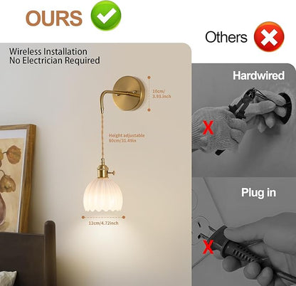 Vintage Battery Operated Wall Sconces Sets Of Two, Indoor not Hardwired Milky White Tulip Glass Lampshade Fixtures, Rechargeable Wireless RGB Wall Lights with Dimmable Remote, for Bedroom Living Room