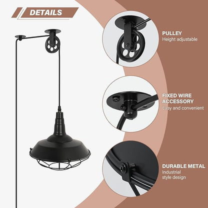 Farmhouse Black Metal Wire Cage Plug in Pulley Pendant Lights with 19.4ft Adjustable Cord On/Off Switch, Industrial Vintage Barn Hanging Ceiling Light for Kitchen Island Hallway Foyer (2 Pack)