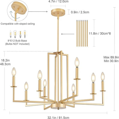 Modern Gold Chandelier, Farmhouse Candle Dining Room Chandeliers, Metal Hanging Pendant Light Fixture for Kitchen, Foyer, Bedroom, Living Room, Staircase, Entryway, 8-Light