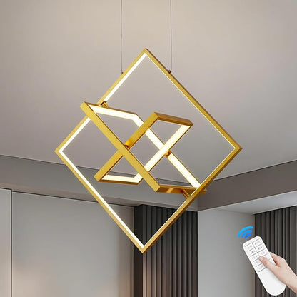 Modern Gold LED Square Chandelier,Adjustable Geometric Pendant Light with Remote Dimmable 3000K–6000K,Contemporary Hanging Light Fixture for Kitchen Island,Dining Room,Living Room