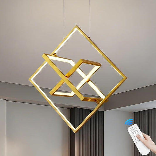Modern Gold LED Square Chandelier,Adjustable Geometric Pendant Light with Remote Dimmable 3000K–6000K,Contemporary Hanging Light Fixture for Kitchen Island,Dining Room,Living Room