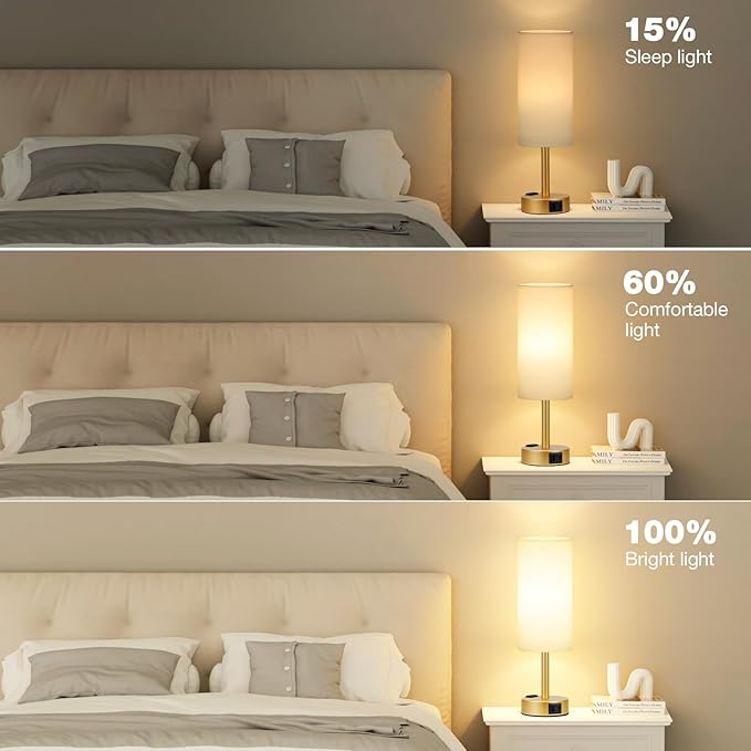 Fenmzee Gold Touch Lamp for Bedroom- 3 Way Dimmable Bedside Lamp USB C A Charging Ports and AC Outlet, Small Table Lamp White Linen Lampshade for Gift, LED Bulb Included