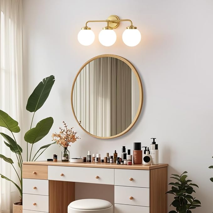 Gold Bathroom Vanity Light Fixtures Over Mirror, 22.4'' Modern Brass 3 Lights Wall Sconce with Milky Glass Ball Shade, Mid Century Farmhouse Vanity Lighting