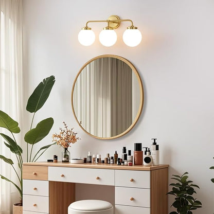Gold Bathroom Vanity Light Fixtures Over Mirror, 22.4'' Modern Brass 3 Lights Wall Sconce with Milky Glass Ball Shade, Mid Century Farmhouse Vanity Lighting