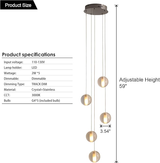 5 Lights Foyer Chandeliers for High Ceilings Raindrop Crystal Ball Chandelier Dimmable LED Entryway Pendant Light Hanging for Dining Room Kitchen Island Hallway, Include Bulbs (Nickel)