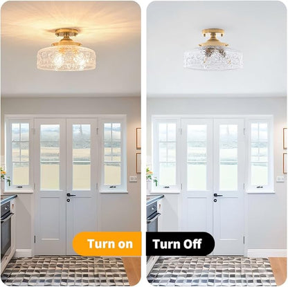 Gold Semi Flush Mount Ceiling Light, 3-Light Close to Ceiling Light with Globe Glass, Vintage Hallway Lights, Brass Closet Light Fixture, Kitchen Flush Ceiling Mount for Entryway Bedroom Bathroom,E12