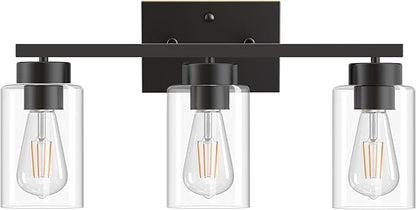 PARTPHONER 3-Light Bathroom Light Fixtures, Matte Black Vanity Light with Clear Glass Shade, Modern Wall Sconce for Mirror Bedroom Living Room Hallway Lighting