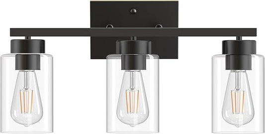 PARTPHONER 3-Light Bathroom Light Fixtures, Matte Black Vanity Light with Clear Glass Shade, Modern Wall Sconce for Mirror Bedroom Living Room Hallway Lighting