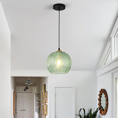9.8'' Green Glass Pendant Lighting, Single Large Globe Chandelier with Ribbed Glass Lampshade, Nordic Ceiling Hanging Ball Light Fixture for Kitchen Island, Dining Living Room, Bedroom