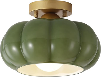 Vintage Semi Flush Mount Ceiling Light,Mid Century Modern Ceiling Light Fixtures,10 Inch Green Glass Shade with a Gold Base,for Bedroom, Kitchen, Hallway, Entryway, and Balconie
