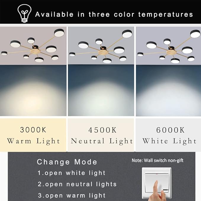 8-Lights LED Ceiling Light Fixture,48 Inch Modern Ceiling Lights Flush Mount Wooden 64W Dimmable Chandelier for Living Room Bedroom Kitchen,3000K/4000K/6000K Temperatures Selectable Black