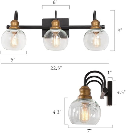 KSANA Farmhouse Bathroom Light Fixture, Modern Black Gold 3-Light Vanity Light with Opening Clear Glass Shade, Modern Antique Brass Wall Lamp Over Mirror