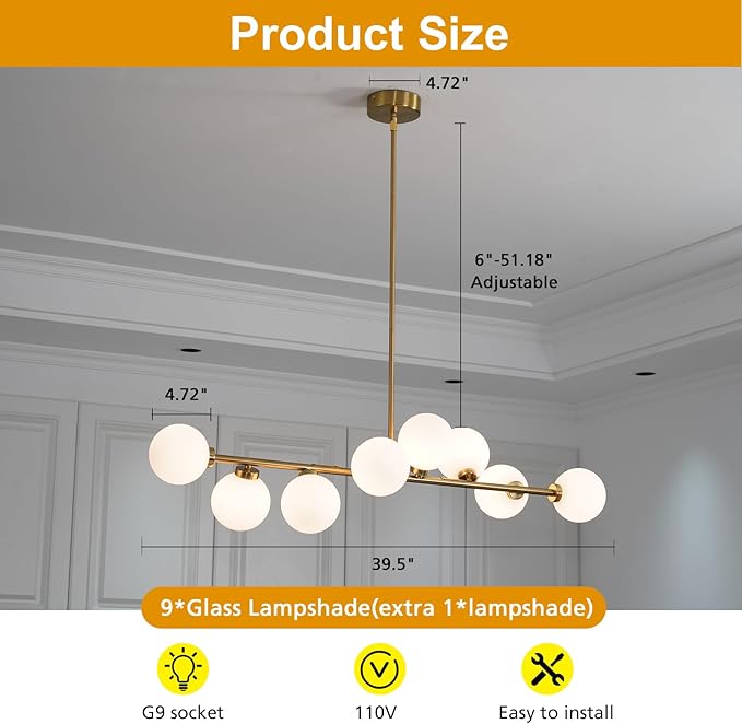 Brass Linear Chandelier, 8 Lights Modern Bubble Chandelier with White Glass Lampshade, Mid Century Globe Pendant Lights for Dining Room Kitchen Island - Gold