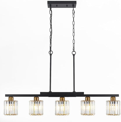 Kitchen Island Light Fixtures ，5 Lights Black and Gold Chandeliers for Dining Room Over Table, Modern Luxury Crystals Pendant Lighting Hanging