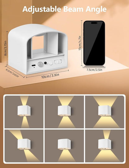 Battery Operated Wall Lamps with Motion Sensor, 6000mAh Rechargeable Wireless LED Sconce with Remote Control, Stepless Dimming, 2700-6500K, Adjustable Beam Angle, White Wall Lights for Bedroom, 2-Pack