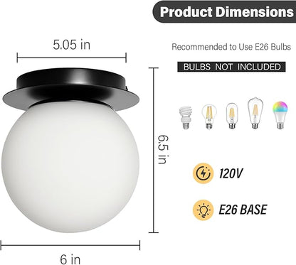 Modern Globe Black Wall Sconce: 6" Black Mid Century Modern Indoor Wall Mounted Lamps - Small Minimalist White Glass Bathroom Sconces - Ball Vanity Light for Bedroom Living Room Hallway Entryway Stair
