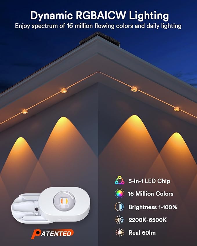 Lumary Permanent Outdoor Lights 2 with Remote, Slide-Base, 150ft with 90 RGBAICW LEDs 5400lm for House Daily & Accent Lighting, DIY 110+ Scene for Christmas Decor, Compatible with Alexa Google, White