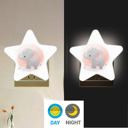 Cute Baby Elephant Plug in LED Night Light Lamp with Dusk to Dawn Sensor for Hallway, Kitchen, Bathroom, Bedroom - Star Shaped Decor
