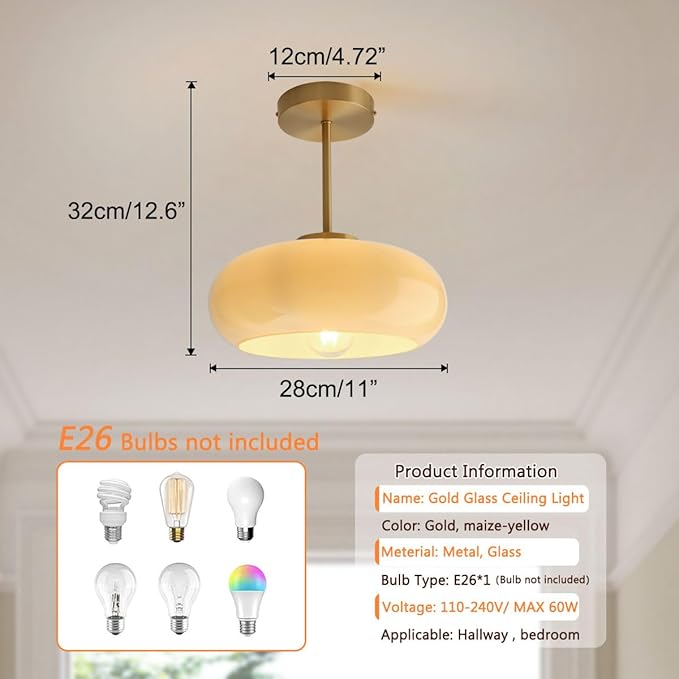 mid Century Ceiling Light Milk Glass Ceiling Light fixtures Glassshade Gold Modern Semi Flush Mount Ceiling Light, Globe Glass Ceiling Lamp Hallway Dining Room Kitchen