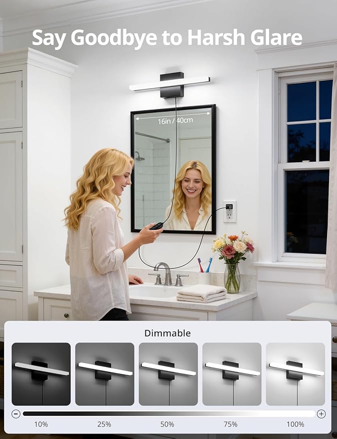 Combuh Black Plug in Vanity Light Bar Corded for Bathroom Lighting Fixture No Wiring, 16Inch 5 Colors Adjustable Dimmable Modern Bright Daylight Mirror Lamp for Wall Dressing Room Makeup (with Plug)