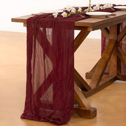 Socomi 6pcs Burgundy Red Summer Cheesecloth Table Runner Boho Rustic Gauze 120 inch 10FT Cheese Cloth Sheer Runner for Wedding Party Baby Shower Birthday Home Decor Holiday Decorations