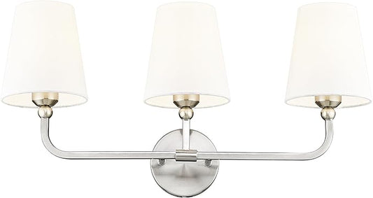 Bathroom Light Fixtures, Brushed Nickel Vanity Lights with Flared White Fabric Shade, 3 Light Wall Sconce, Modern Sconces Wall Lighting for Hallway Bedroom, VL837-BN-3