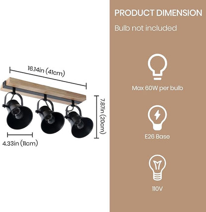 3-Lights Track Lighting Fixtures Ceiling，Farmhouse Wood Flush Mount Ceiling Light, Multi-Directional Kitchen Sink Light, Rustic Track Lighting for Kitchen Living Room, Dining Table, Foyer